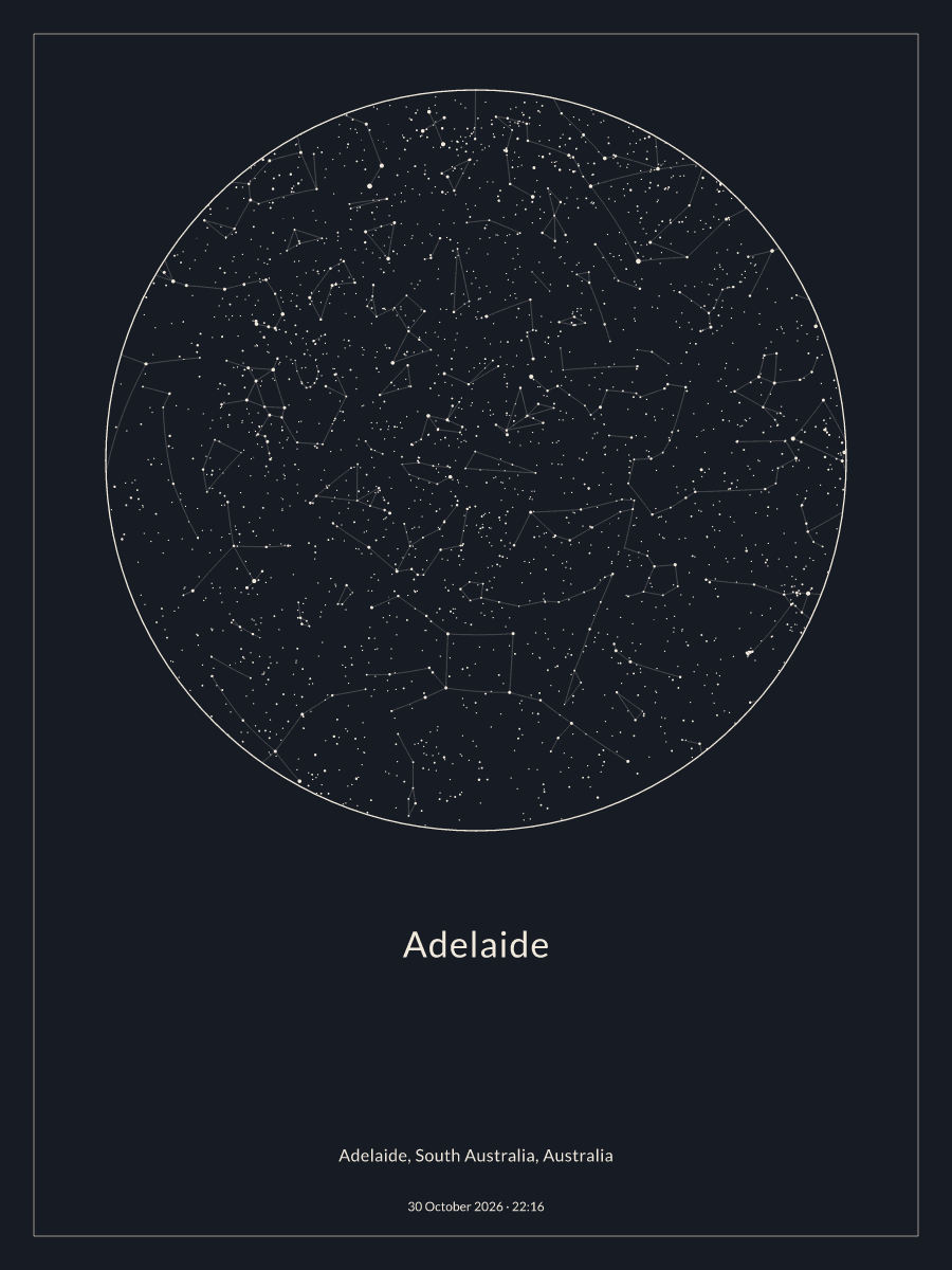 Sky chart of the night sky above Adelaide at 10:16 pm on 30 October 2026
