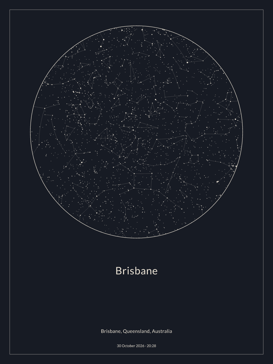 Sky chart of the night sky above Brisbane at 8:28 pm on 30 October 2026