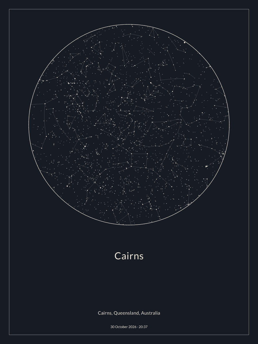 Sky chart of the night sky above Cairns at 8:37 pm on 30 October 2026