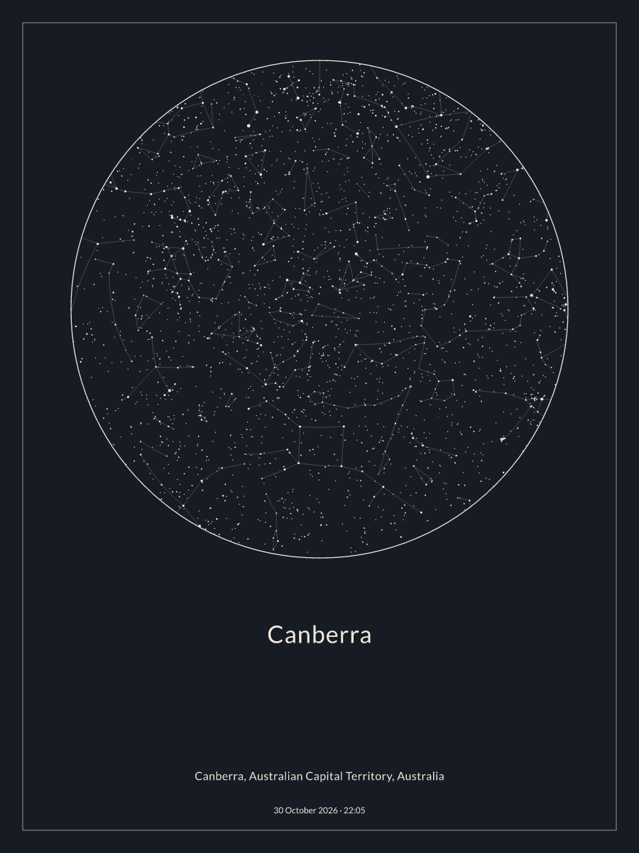 Sky chart of the night sky above Canberra at 10:05 pm on 30 October 2026