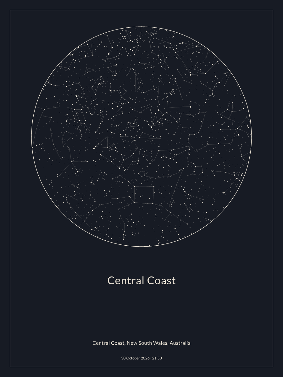 Sky chart of the night sky above Central Coast at 9:50 pm on 30 October 2026