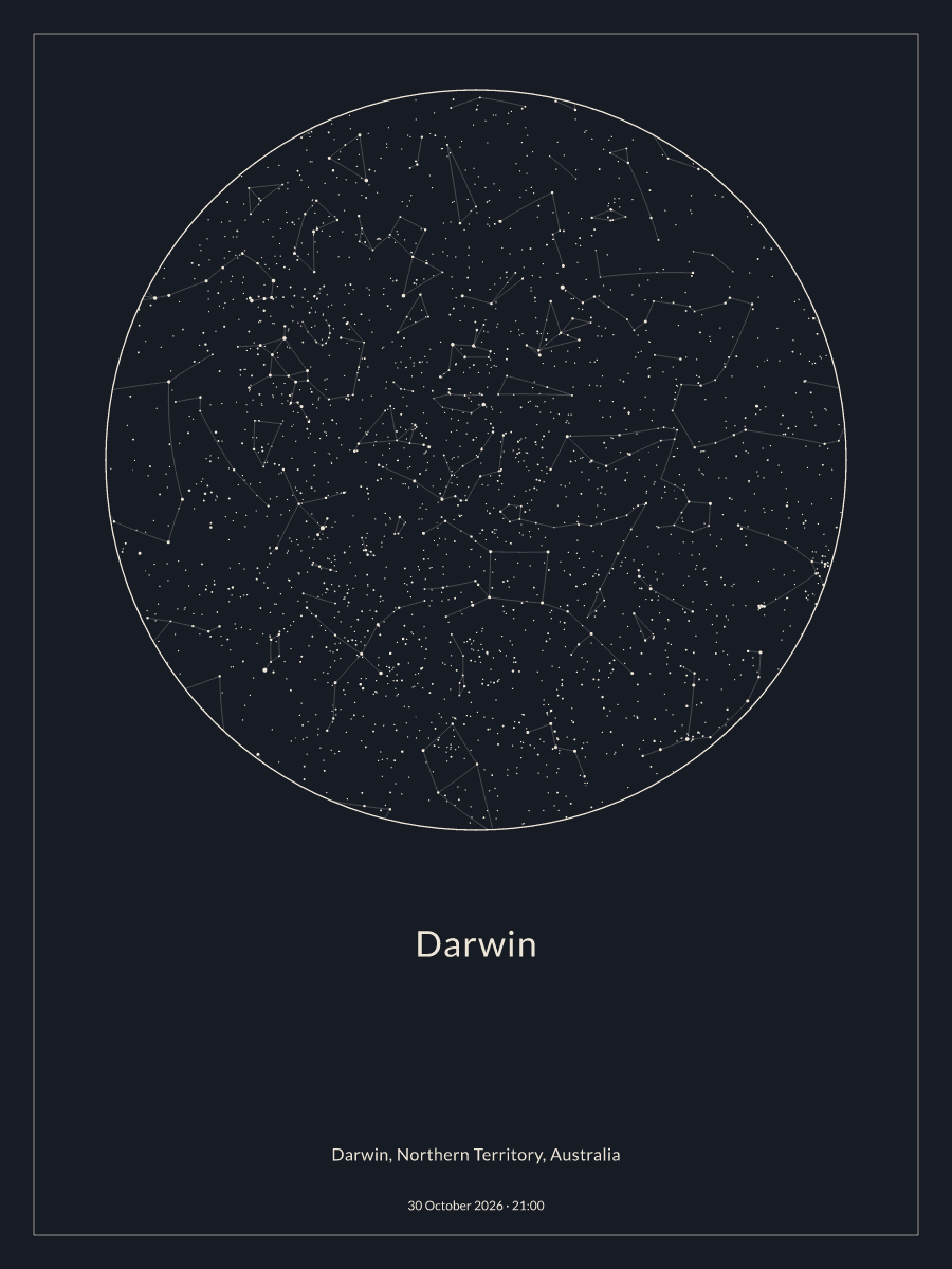 Sky chart of the night sky above Darwin at 9:00 pm on 30 October 2026