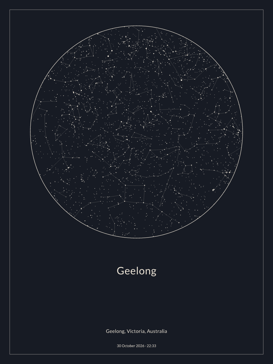 Sky chart of the night sky above Geelong at 10:33 pm on 30 October 2026