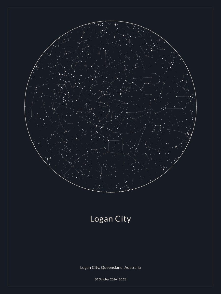 Sky chart of the night sky above Logan City at 8:28 pm on 30 October 2026
