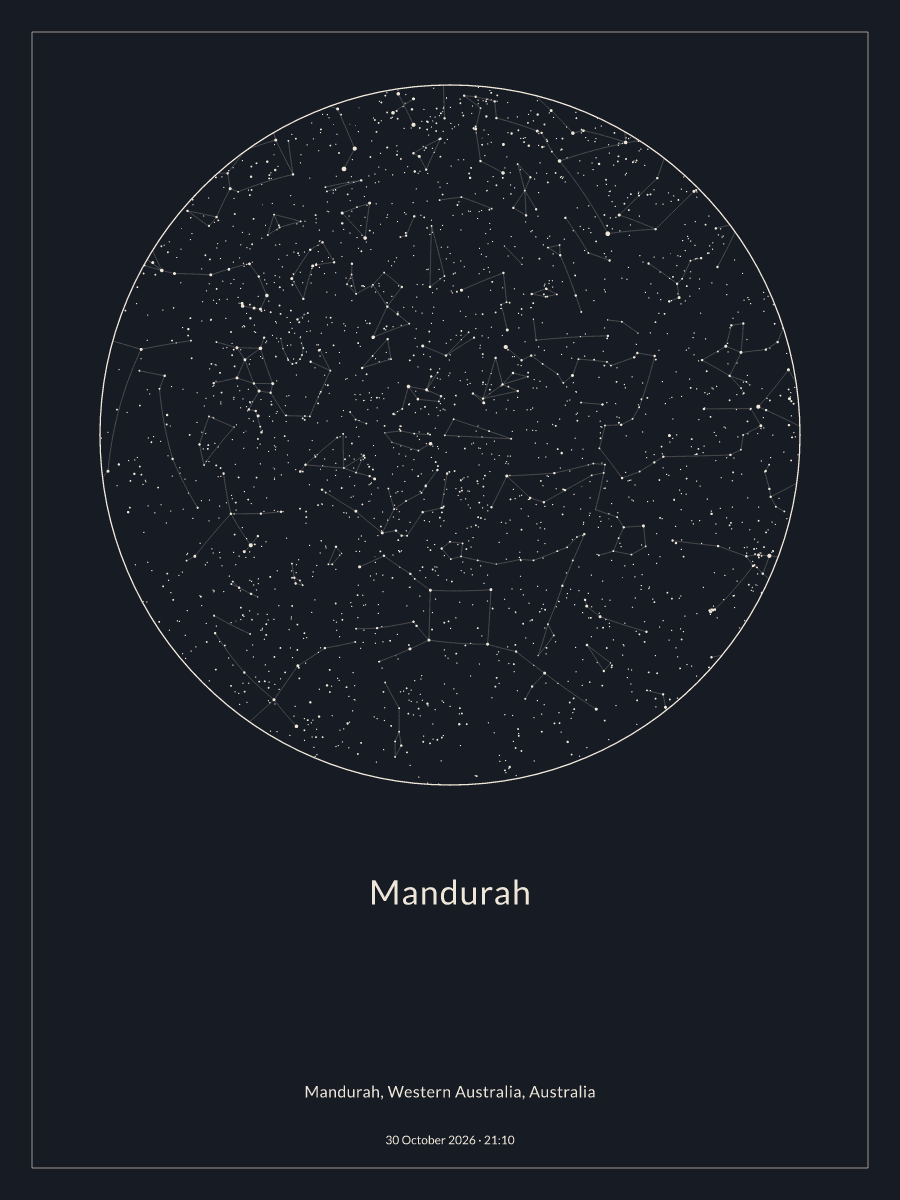 Sky chart of the night sky above Mandurah at 9:10 pm on 30 October 2026