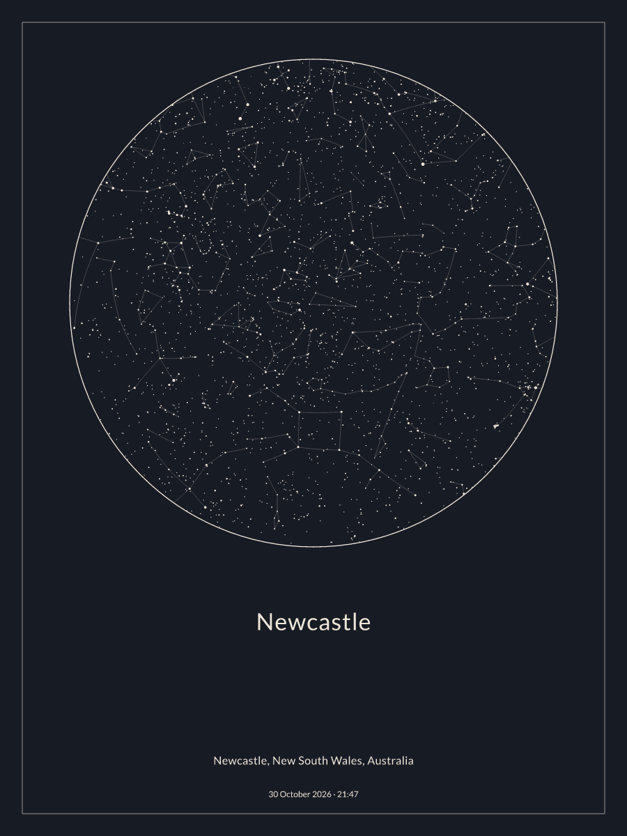 Sky chart of the night sky above Newcastle at 9:47 pm on 30 October 2026