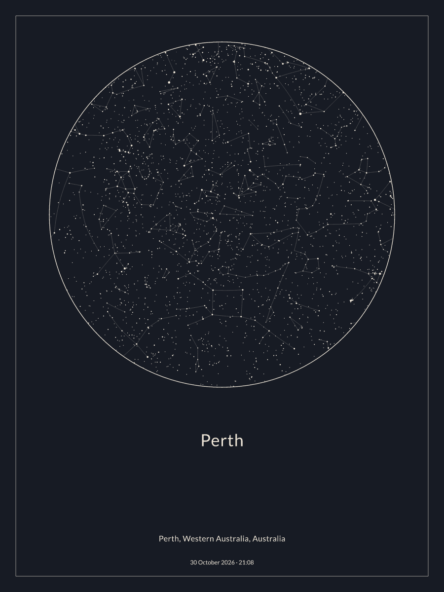 Sky chart of the night sky above Perth at 9:08 pm on 30 October 2026