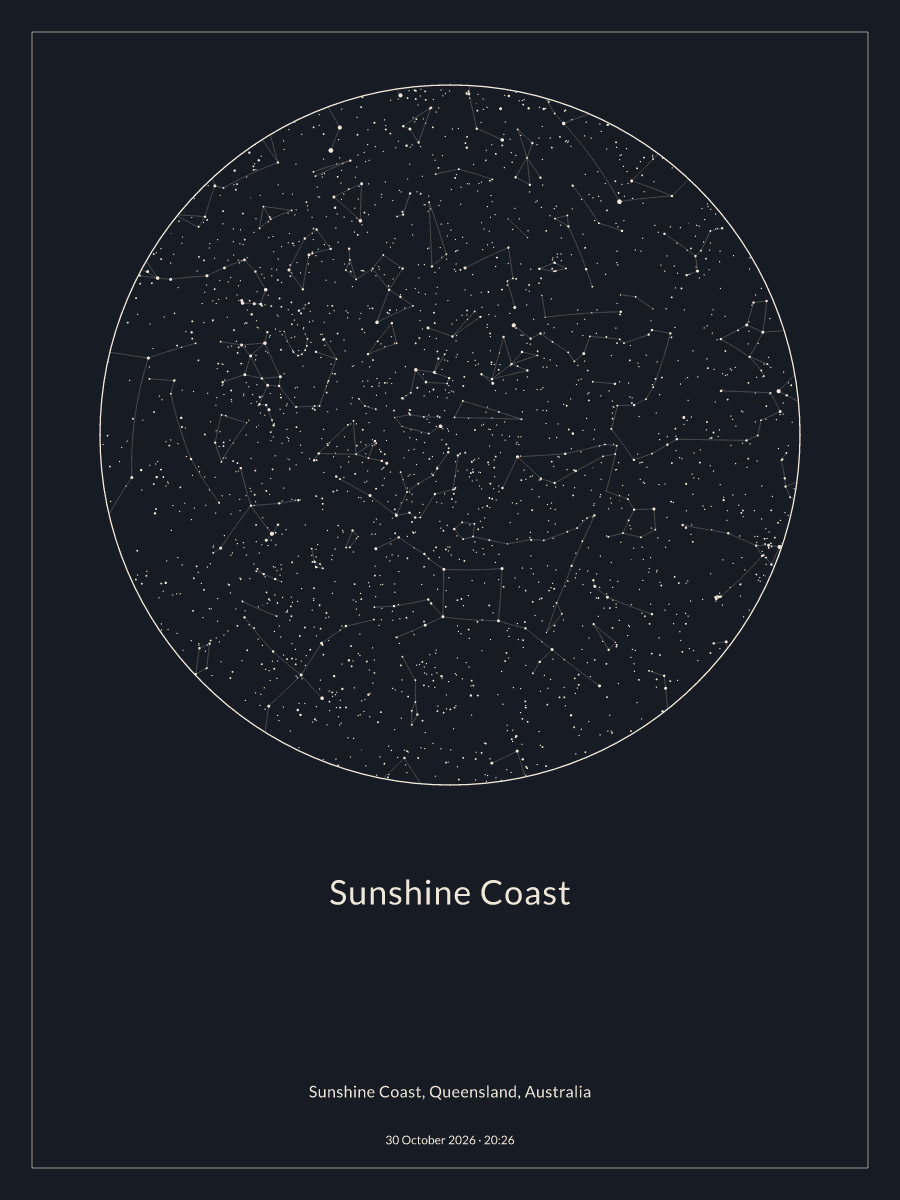 Sky chart of the night sky above Sunshine Coast at 8:26 pm on 30 October 2026