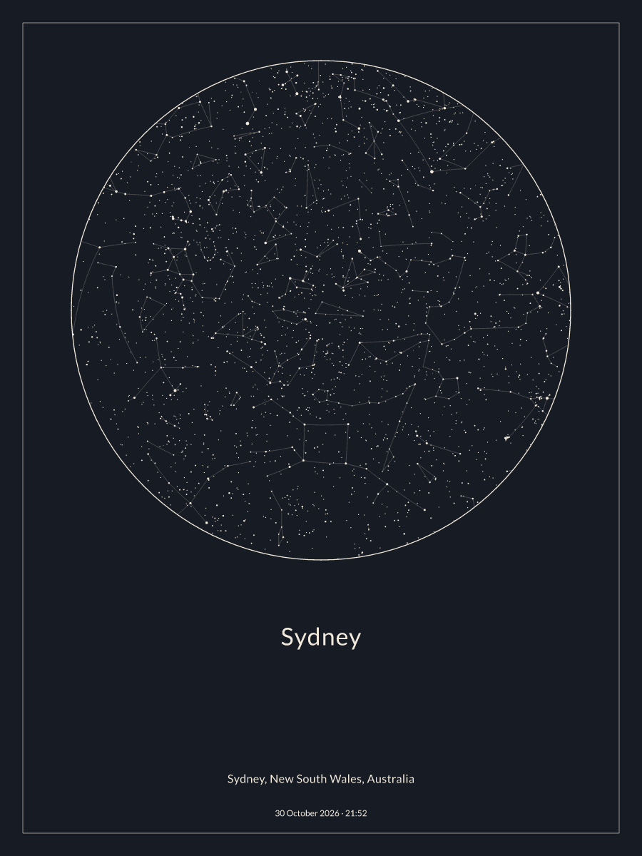 Sky chart of the night sky above Sydney at 9:52 pm on 30 October 2026