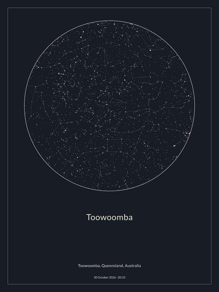 Sky chart of the night sky above Toowoomba at 8:33 pm on 30 October 2026