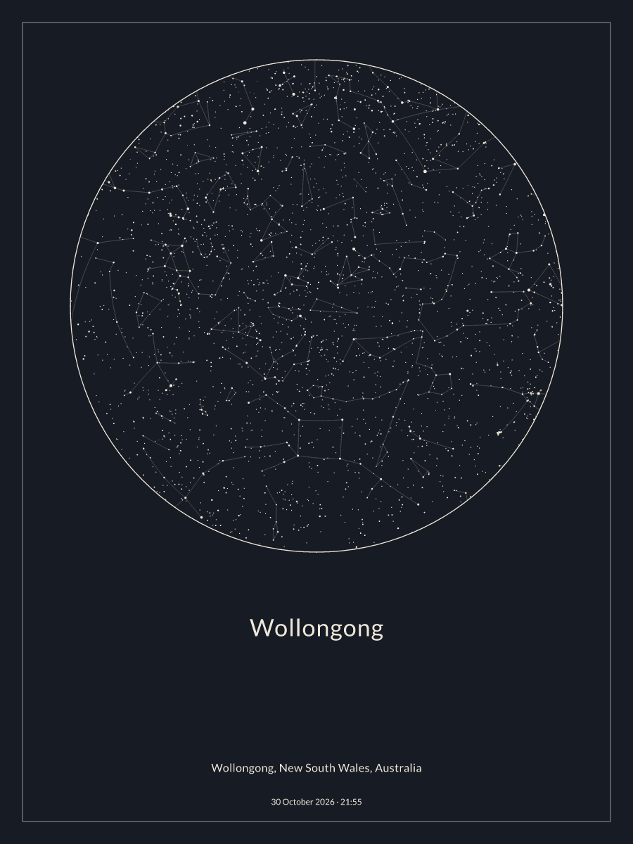 Sky chart of the night sky above Wollongong at 9:55 pm on 30 October 2026