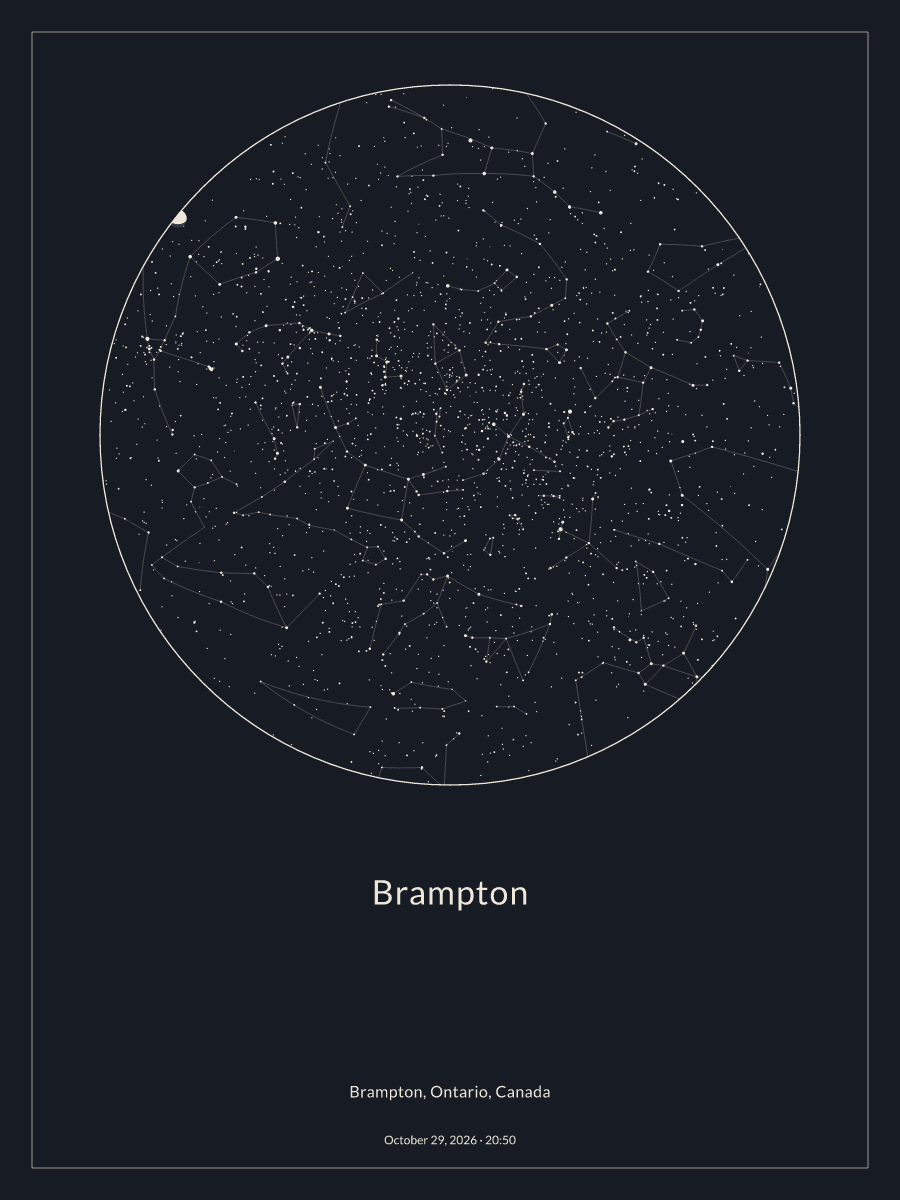 Sky chart of the night sky above Brampton at 8:50 p.m. on October 29, 2026