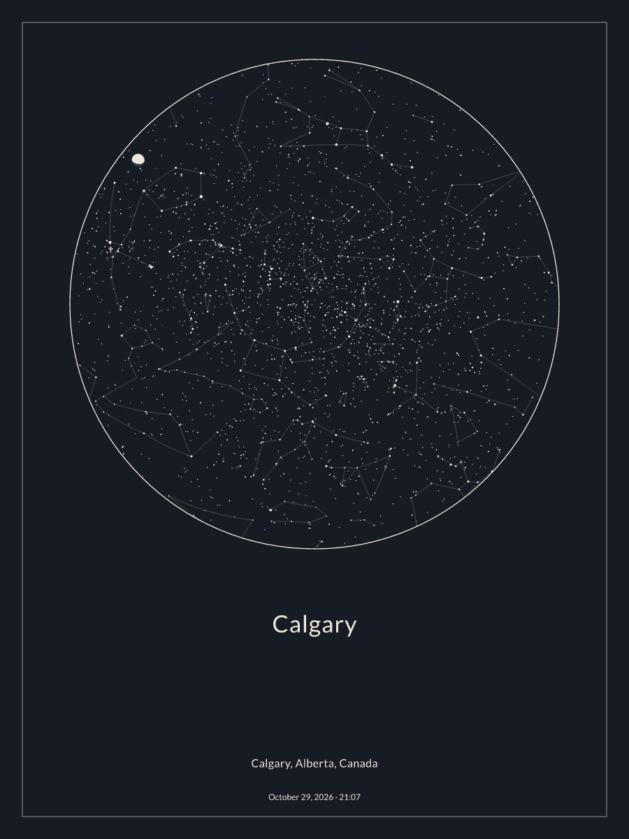 Sky chart of the night sky above Calgary at 9:07 p.m. on October 29, 2026
