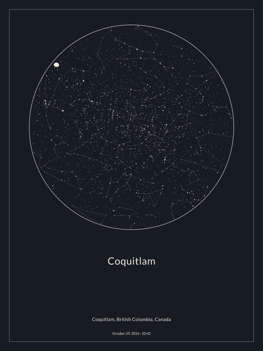 Sky chart of the night sky above Coquitlam at 8:42 p.m. on October 29, 2026