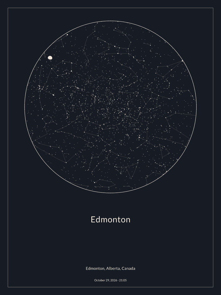 Sky chart of the night sky above Edmonton at 9:05 p.m. on October 29, 2026