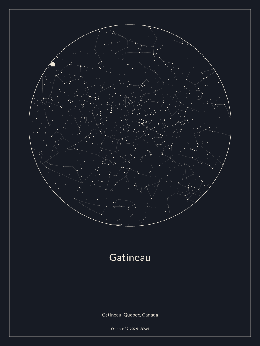 Sky chart of the night sky above Gatineau at 8:34 p.m. on October 29, 2026