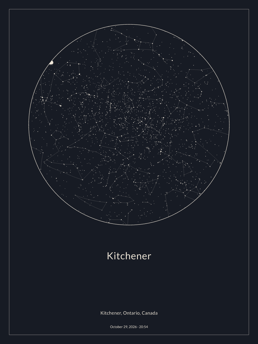 Sky chart of the night sky above Kitchener at 8:54 p.m. on October 29, 2026