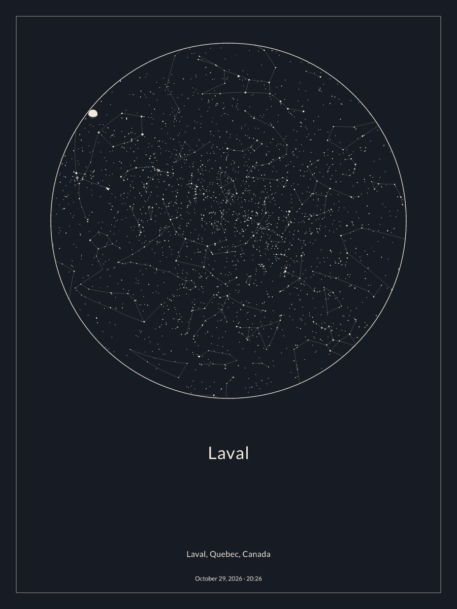 Sky chart of the night sky above Laval at 8:26 p.m. on October 29, 2026