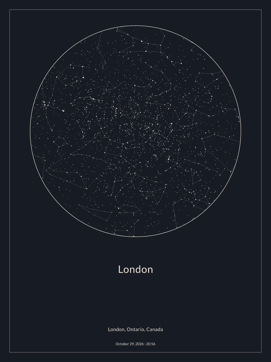 Sky chart of the night sky above London at 8:56 p.m. on October 29, 2026
