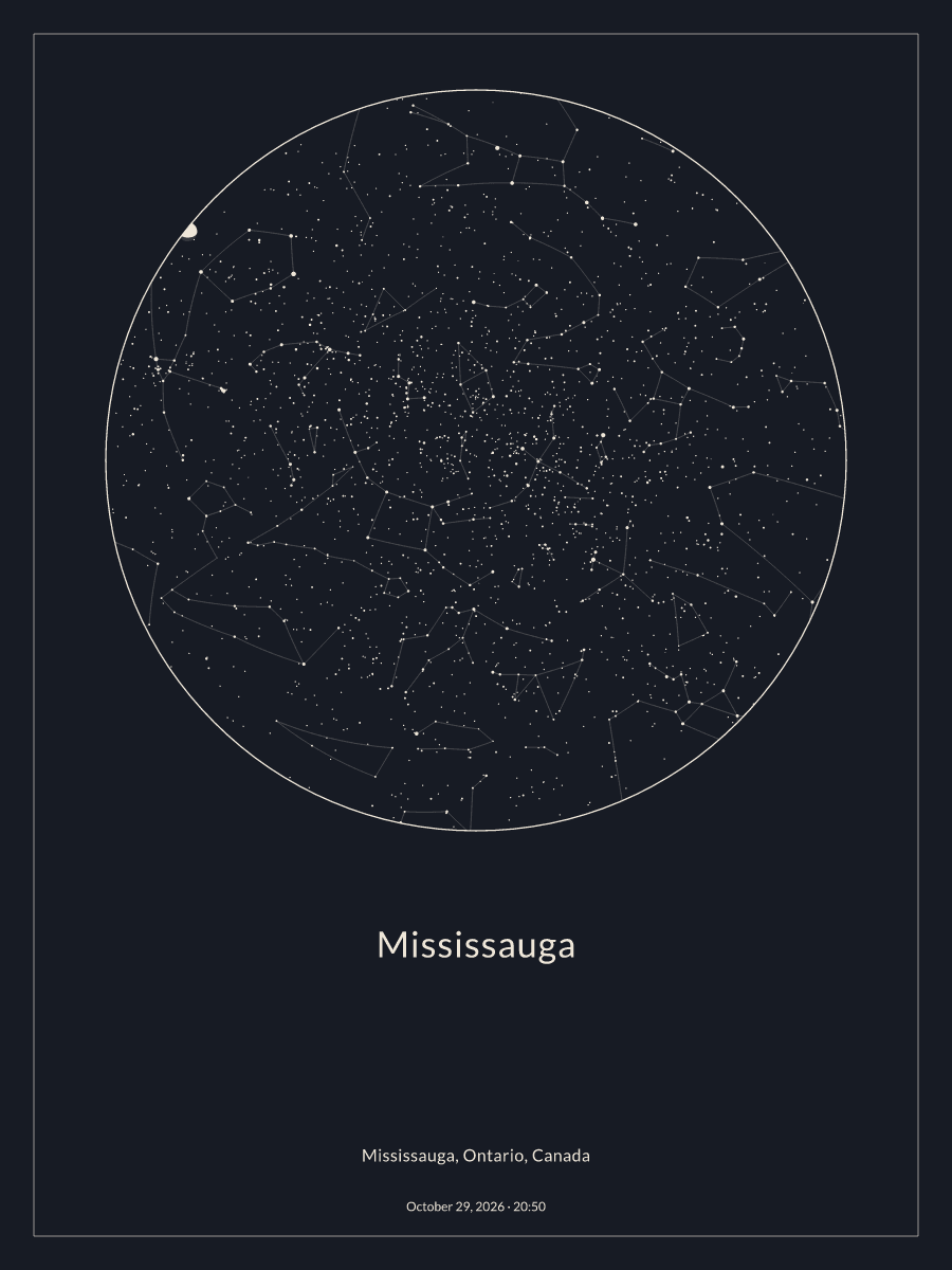 Sky chart of the night sky above Mississauga at 8:50 p.m. on October 29, 2026