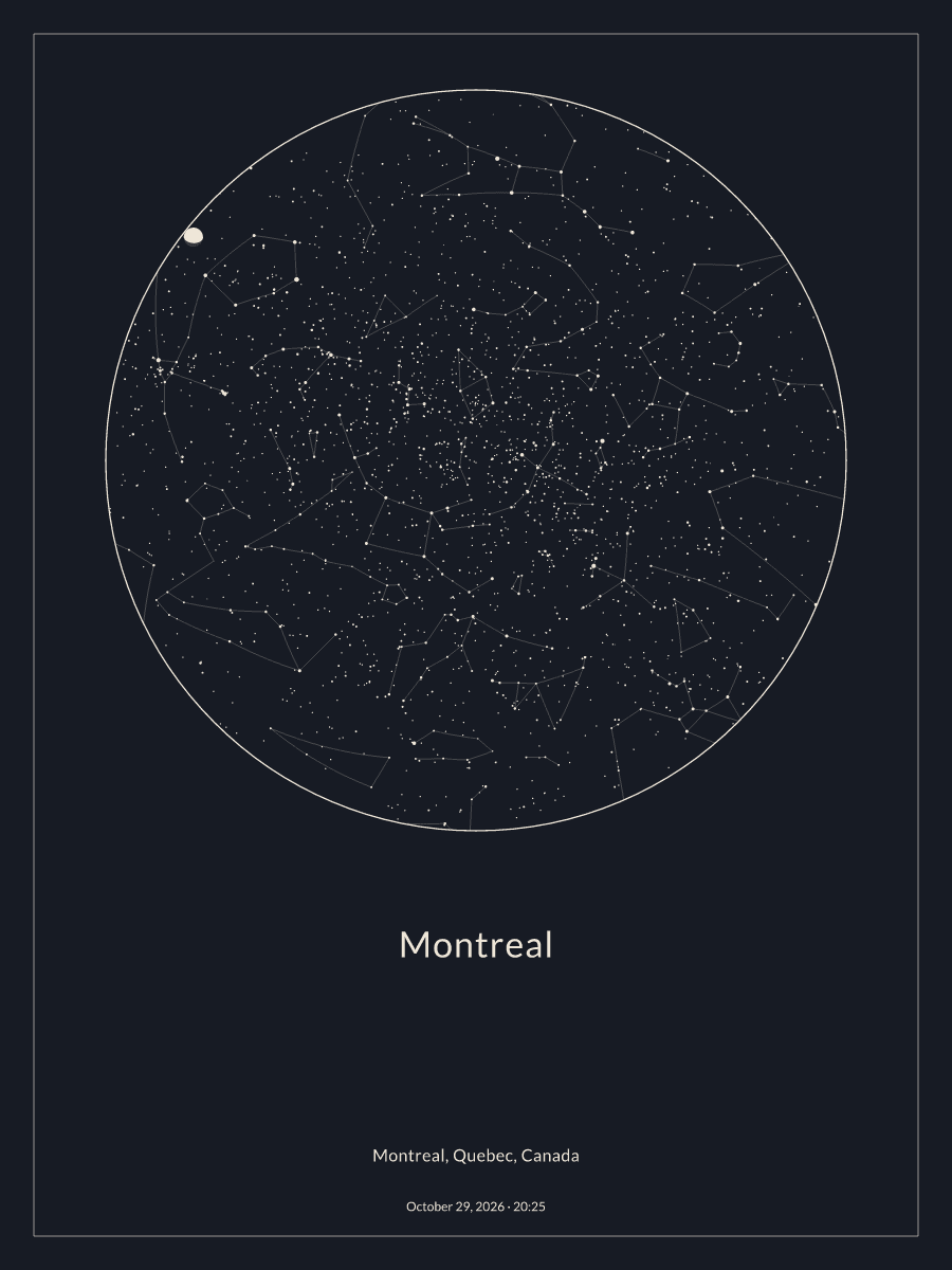 Sky chart of the night sky above Montreal at 8:25 p.m. on October 29, 2026