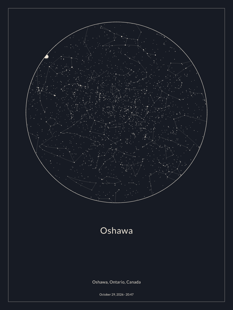 Sky chart of the night sky above Oshawa at 8:47 p.m. on October 29, 2026