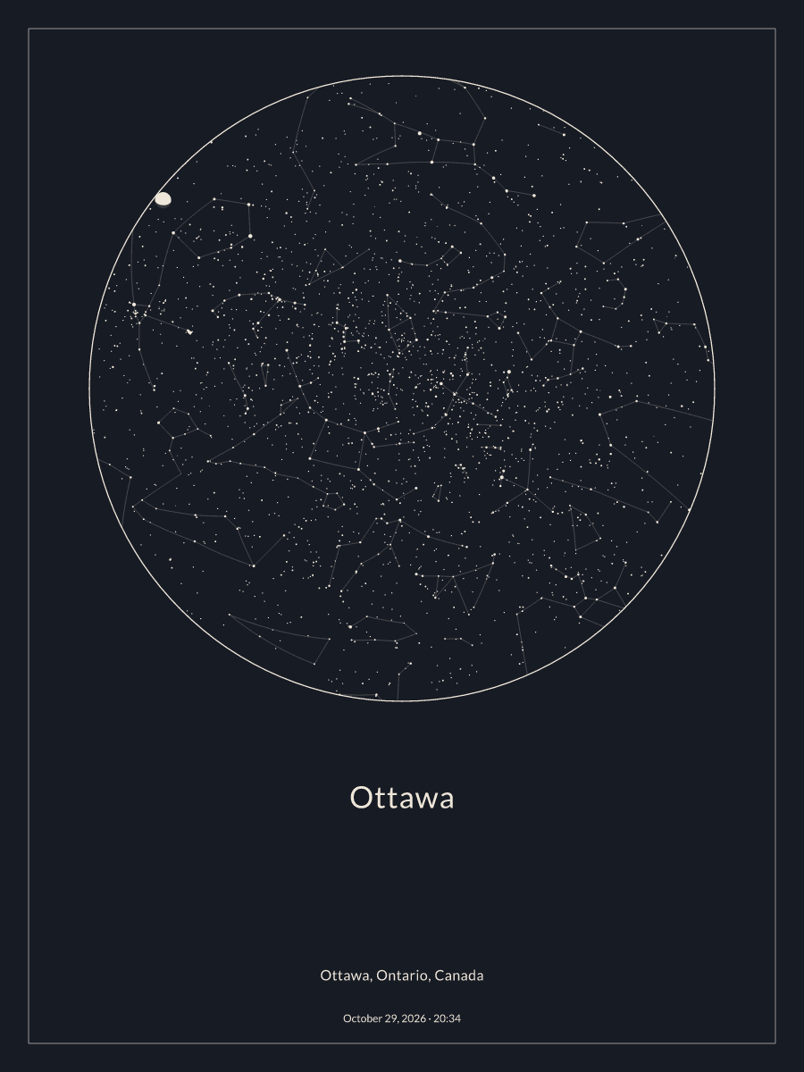 Sky chart of the night sky above Ottawa at 8:34 p.m. on October 29, 2026