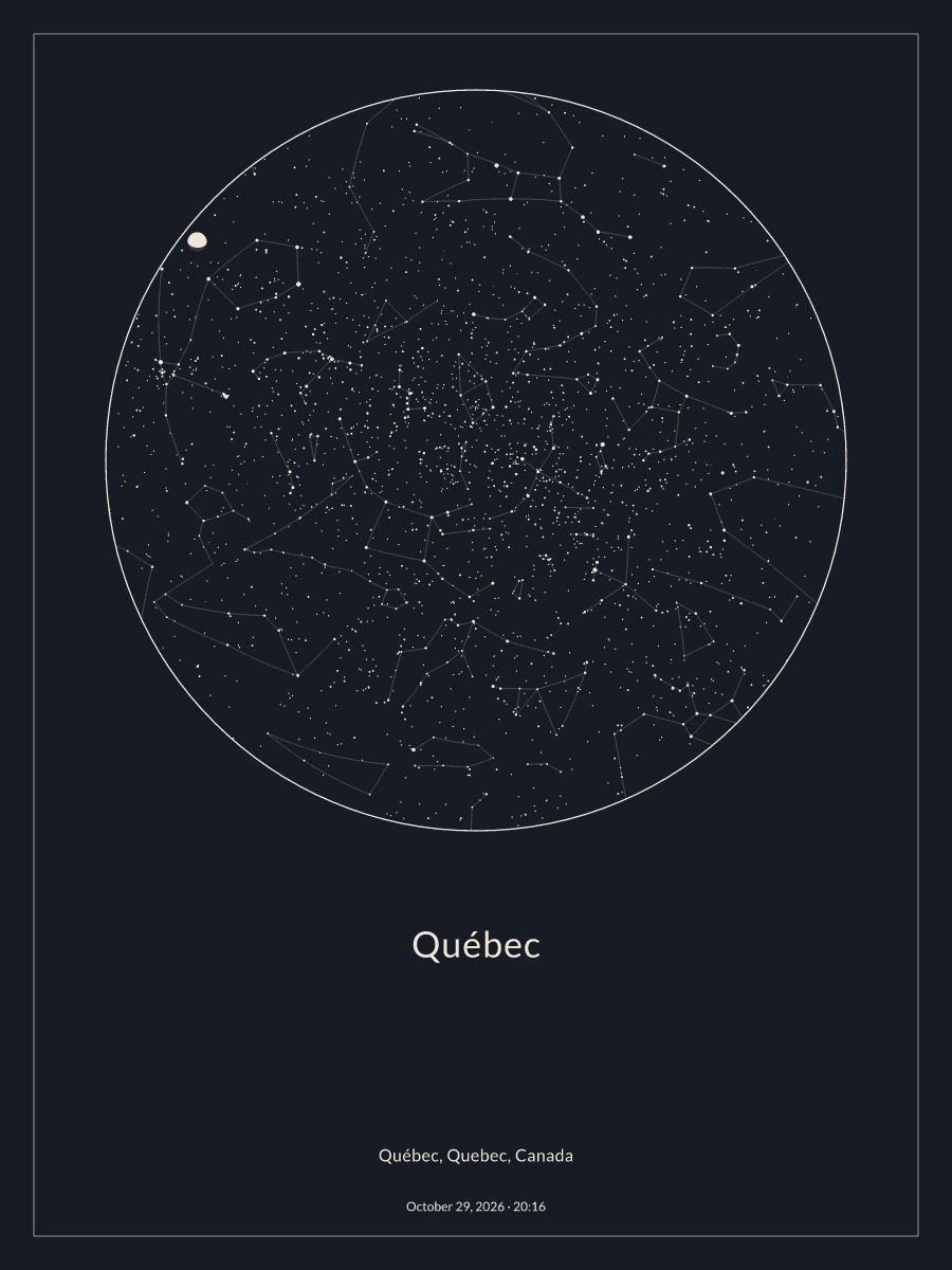 Sky chart of the night sky above Québec at 8:16 p.m. on October 29, 2026