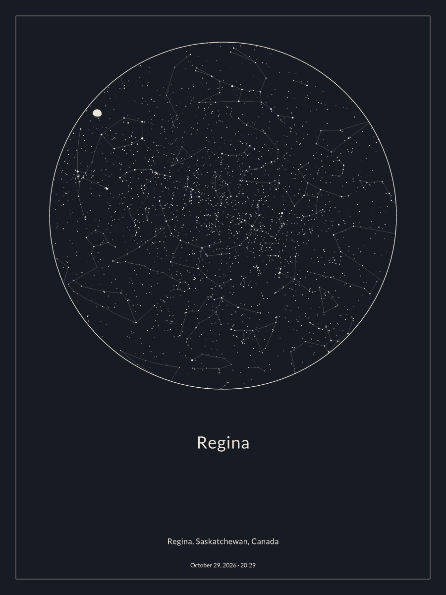 Sky chart of the night sky above Regina at 8:29 p.m. on October 29, 2026