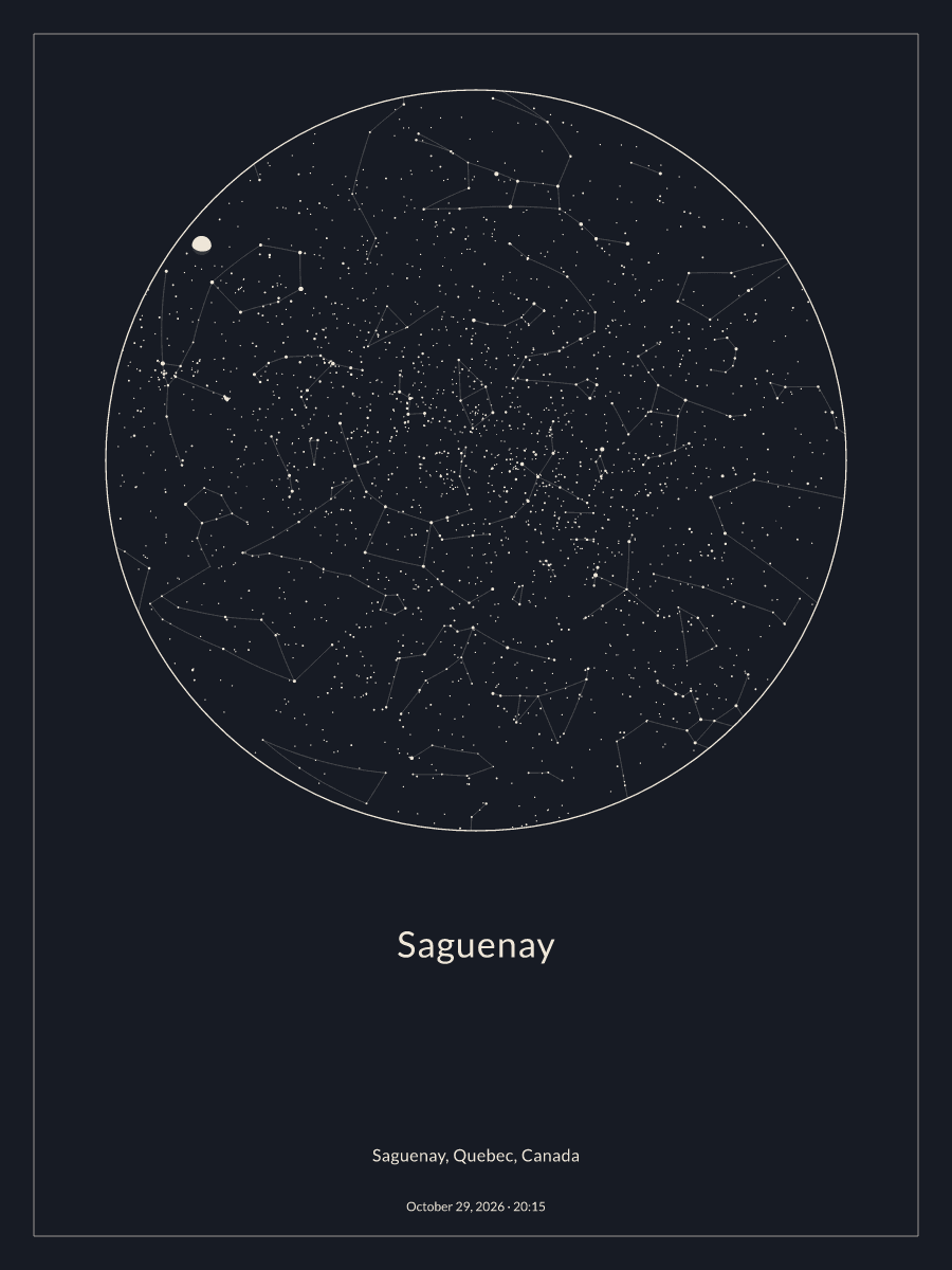 Sky chart of the night sky above Saguenay at 8:15 p.m. on October 29, 2026