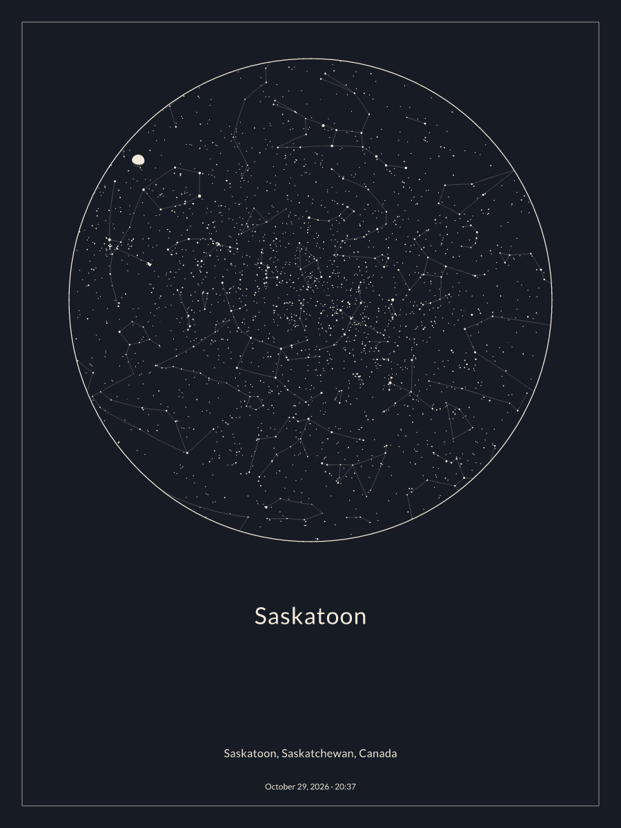Sky chart of the night sky above Saskatoon at 8:37 p.m. on October 29, 2026