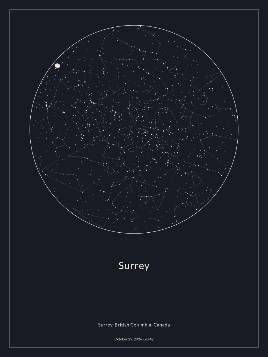 Sky chart of the night sky above Surrey at 8:42 p.m. on October 29, 2026