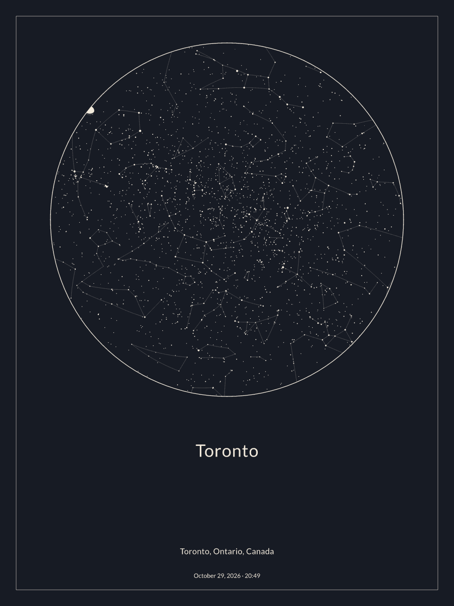 Sky chart of the night sky above Toronto at 8:49 p.m. on October 29, 2026