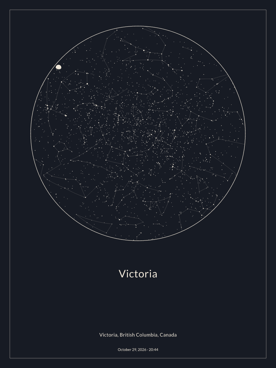 Sky chart of the night sky above Victoria at 8:44 p.m. on October 29, 2026