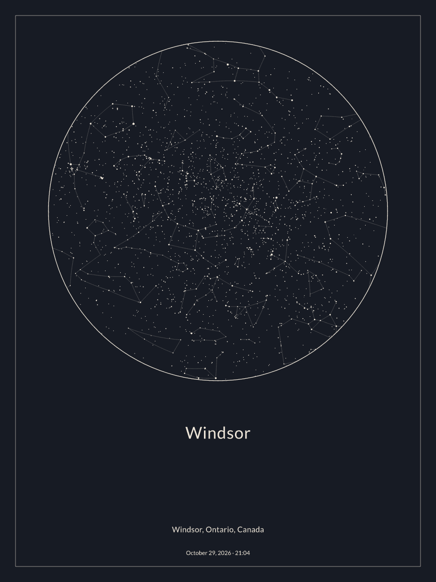 Sky chart of the night sky above Windsor at 9:04 p.m. on October 29, 2026