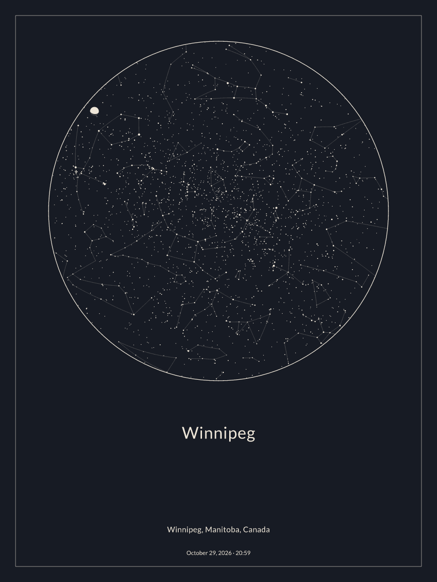 Sky chart of the night sky above Winnipeg at 8:59 p.m. on October 29, 2026
