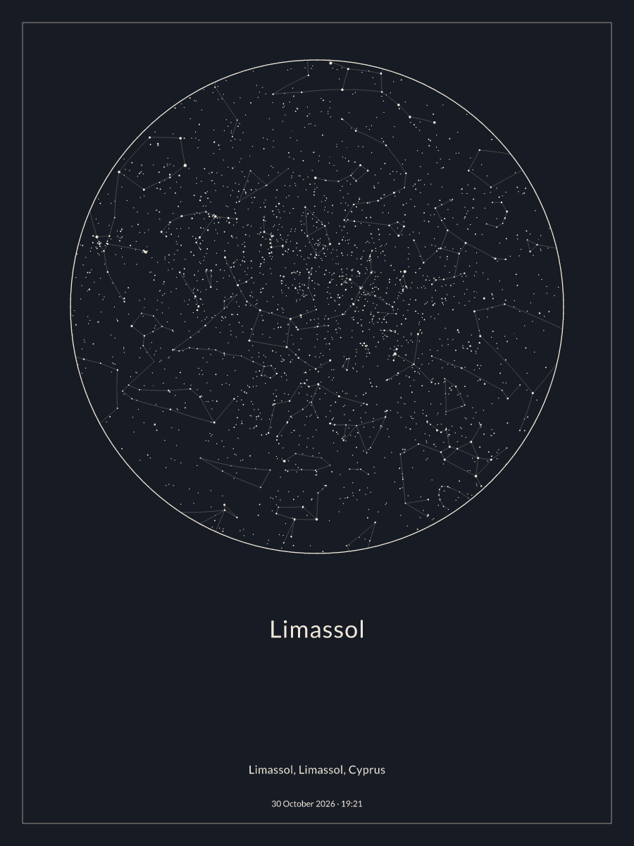 Sky chart of the night sky above Limassol at 7:21 pm on 30 October 2026