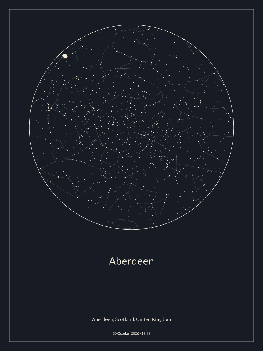 Sky chart of the night sky above Aberdeen at 19:39 on 30 October 2026
