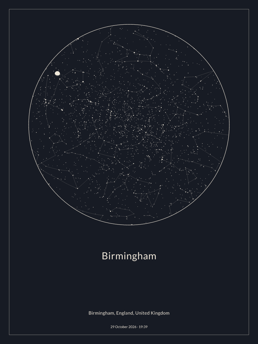 Sky chart of the night sky above Birmingham at 19:39 on 29 October 2026