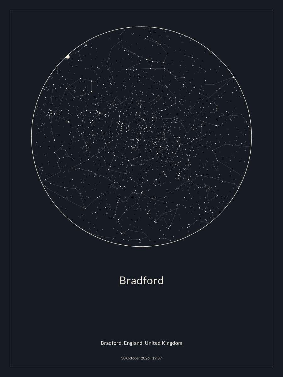 Sky chart of the night sky above Bradford at 19:37 on 30 October 2026