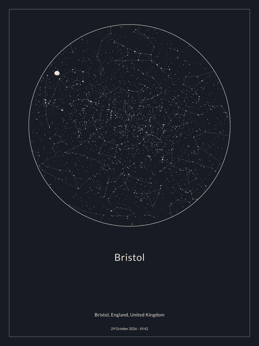 Sky chart of the night sky above Bristol at 19:42 on 29 October 2026