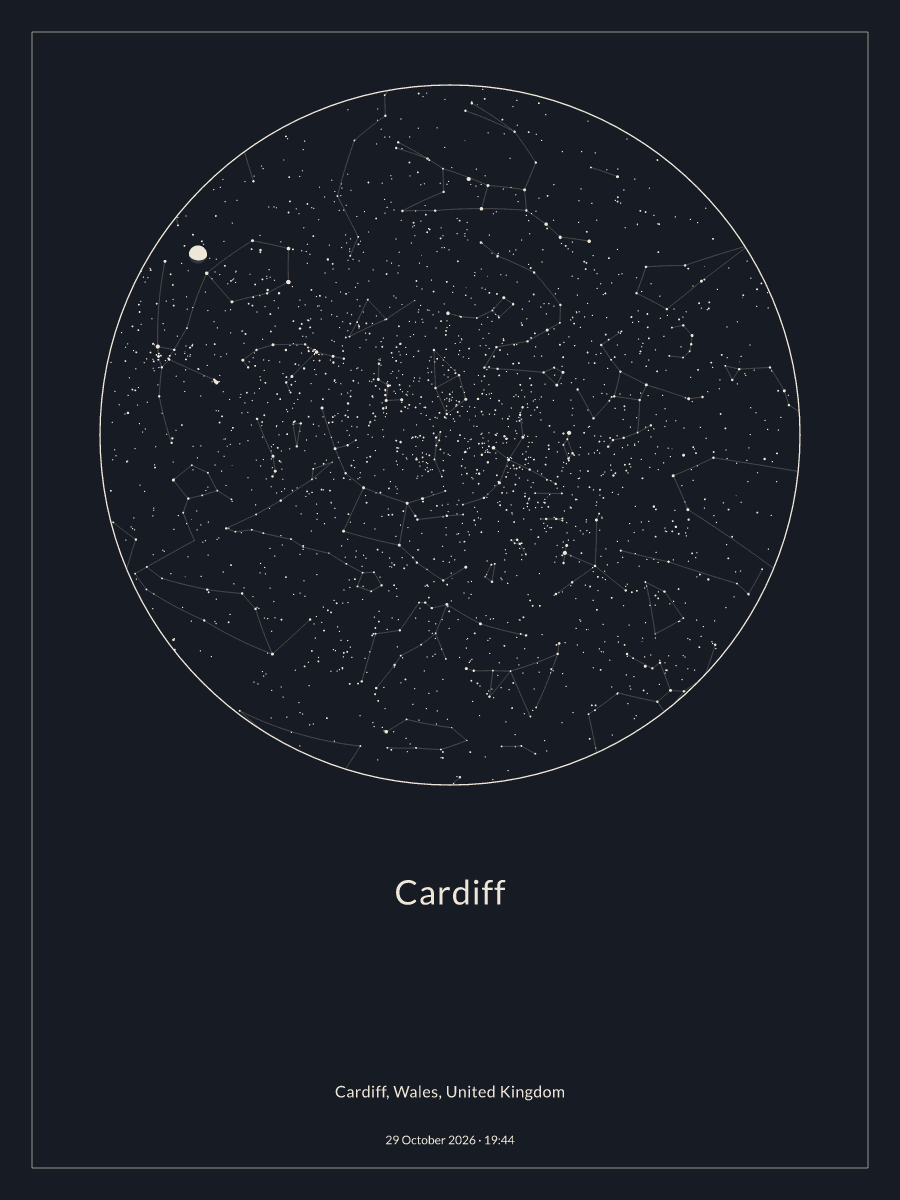 Sky chart of the night sky above Cardiff at 19:44 on 29 October 2026
