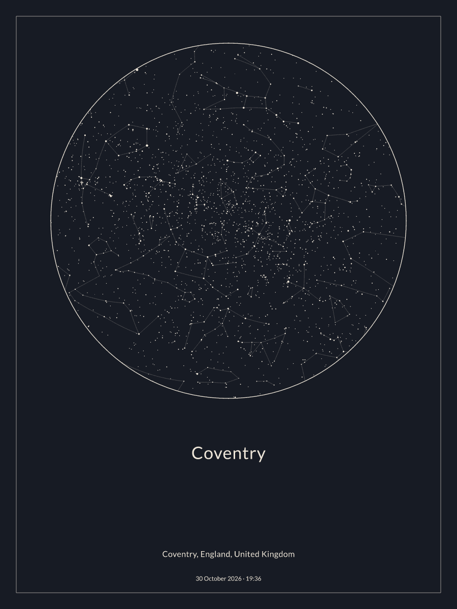 Sky chart of the night sky above Coventry at 19:36 on 30 October 2026