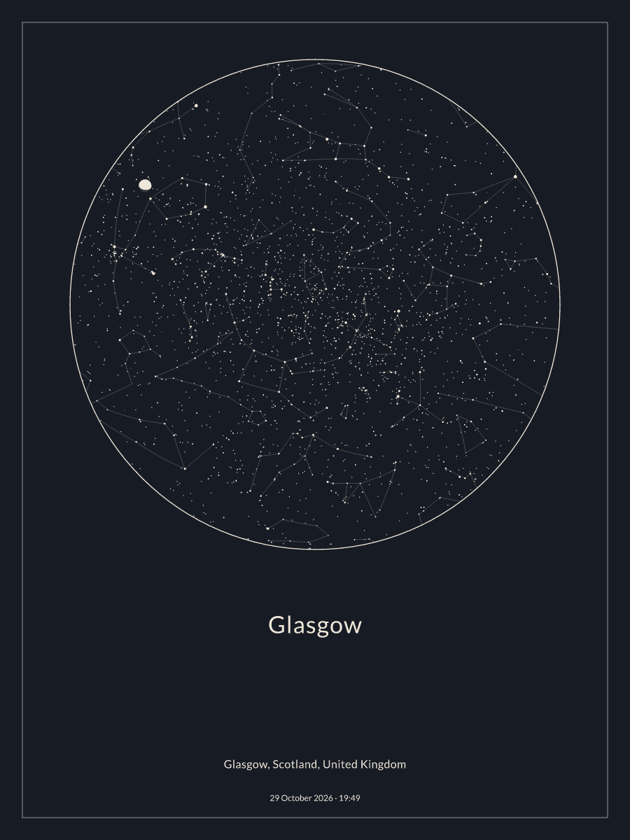 Sky chart of the night sky above Glasgow at 19:49 on 29 October 2026