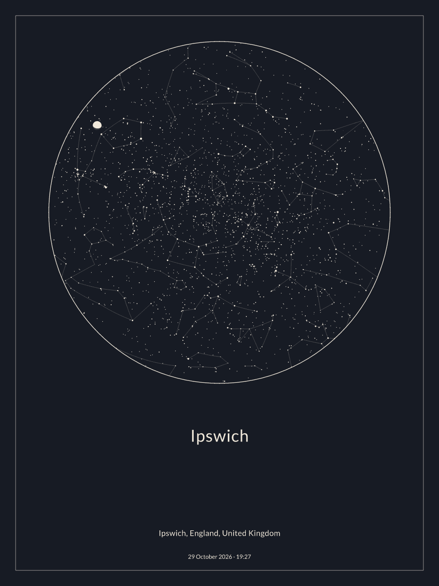 Sky chart of the night sky above Ipswich at 19:27 on 29 October 2026