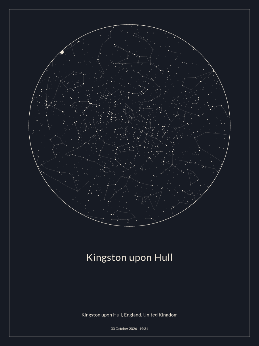 Sky chart of the night sky above Kingston upon Hull at 19:31 on 30 October 2026
