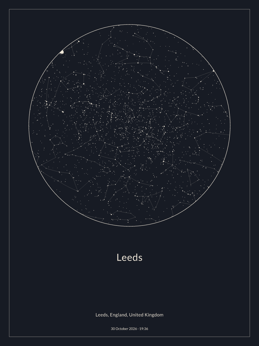 Sky chart of the night sky above Leeds at 19:36 on 30 October 2026