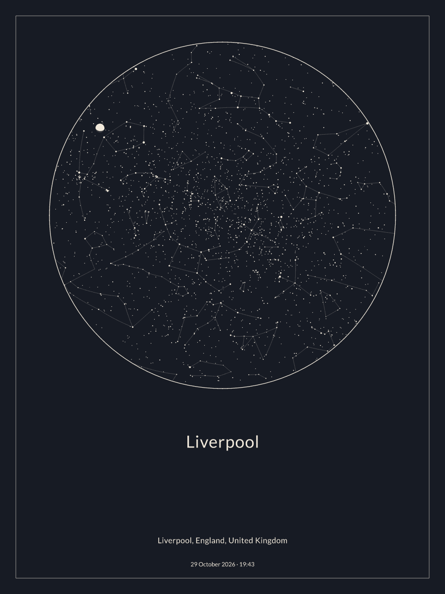 Sky chart of the night sky above Liverpool at 19:43 on 29 October 2026