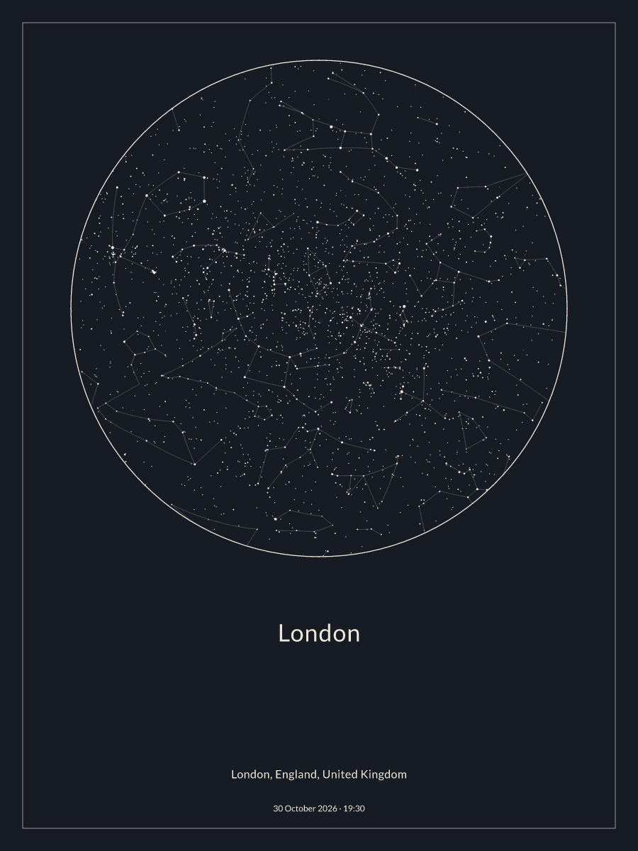 Sky chart of the night sky above London at 19:30 on 30 October 2026