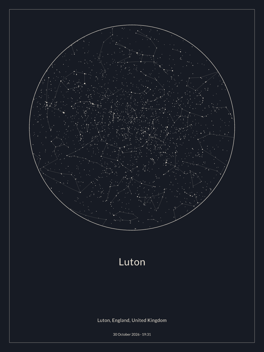Sky chart of the night sky above Luton at 19:31 on 30 October 2026